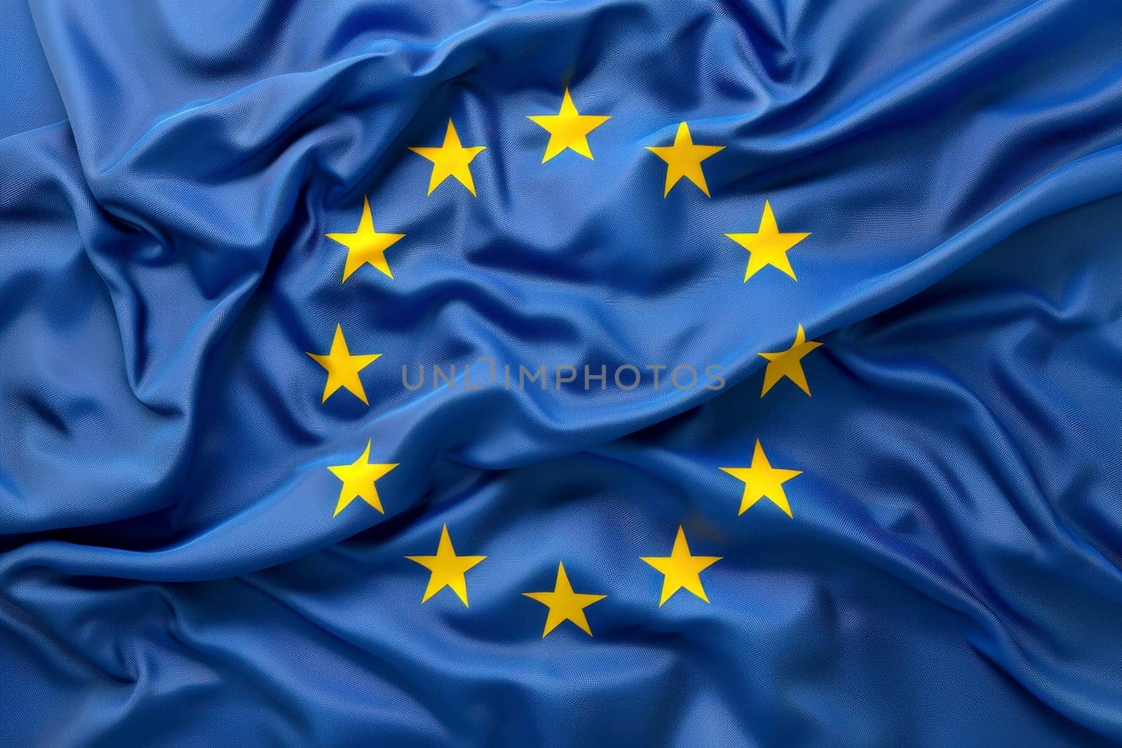 a silk flag of the European Union blowing in the wind..