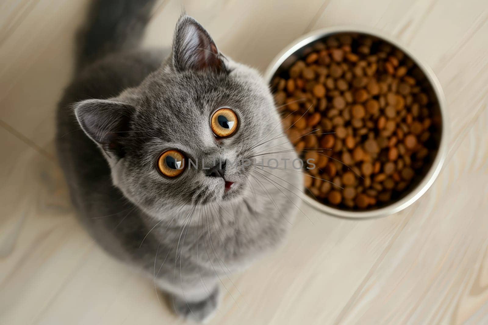 A cat sitting on floor looking up a bowl of cat food..