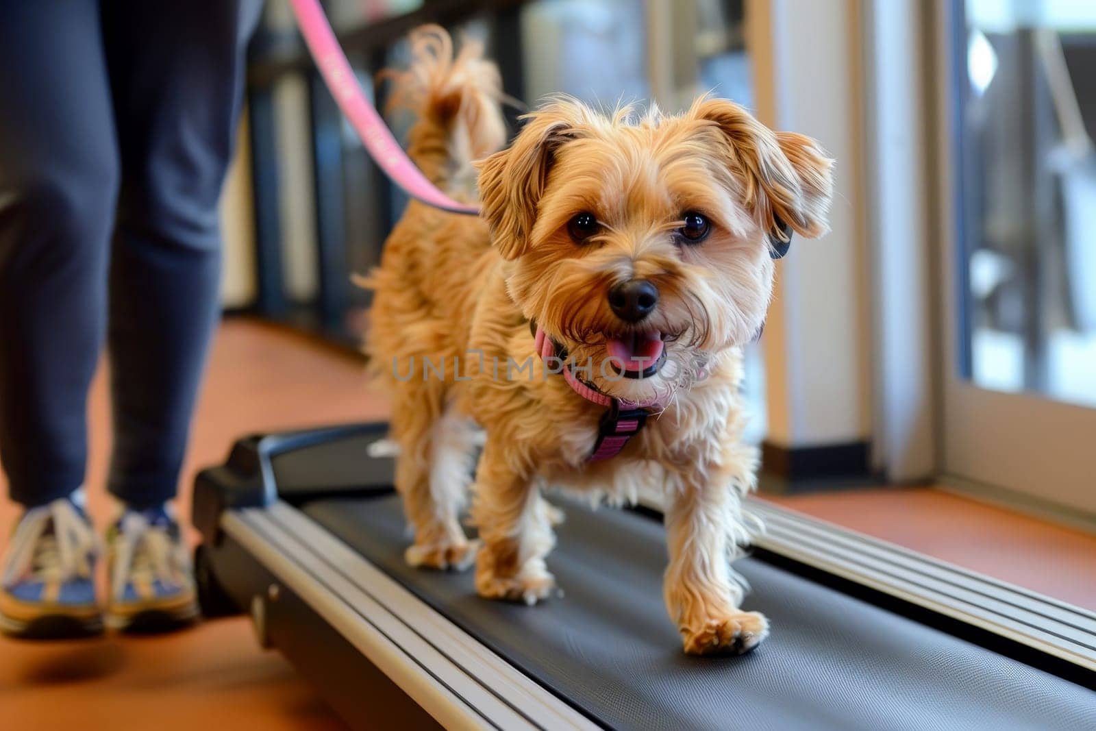 A small dog is running on a treadmill.