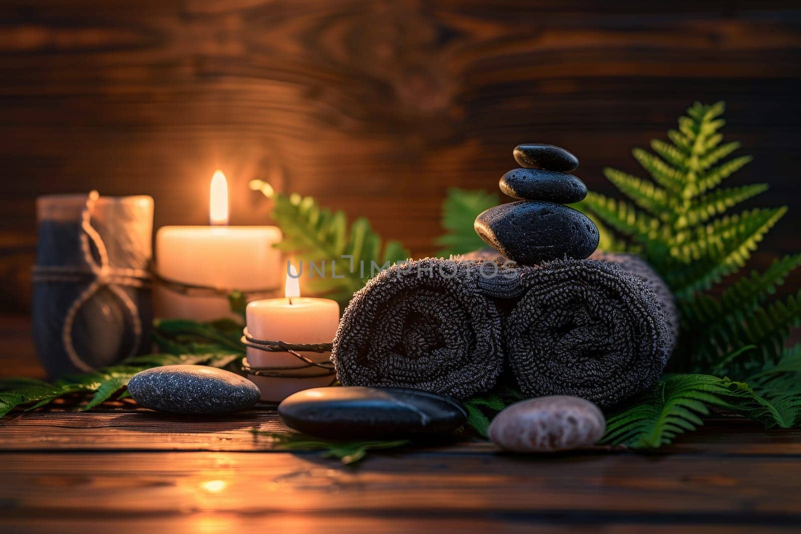 Candles and black hot stone on wooden background. Hot stone massage setting lit by candles.