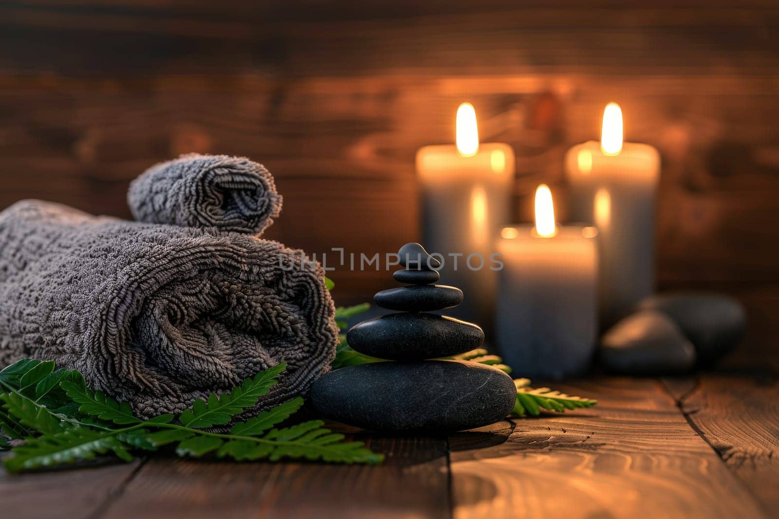 Candles and black hot stone on wooden background. Hot stone massage setting lit by candles.
