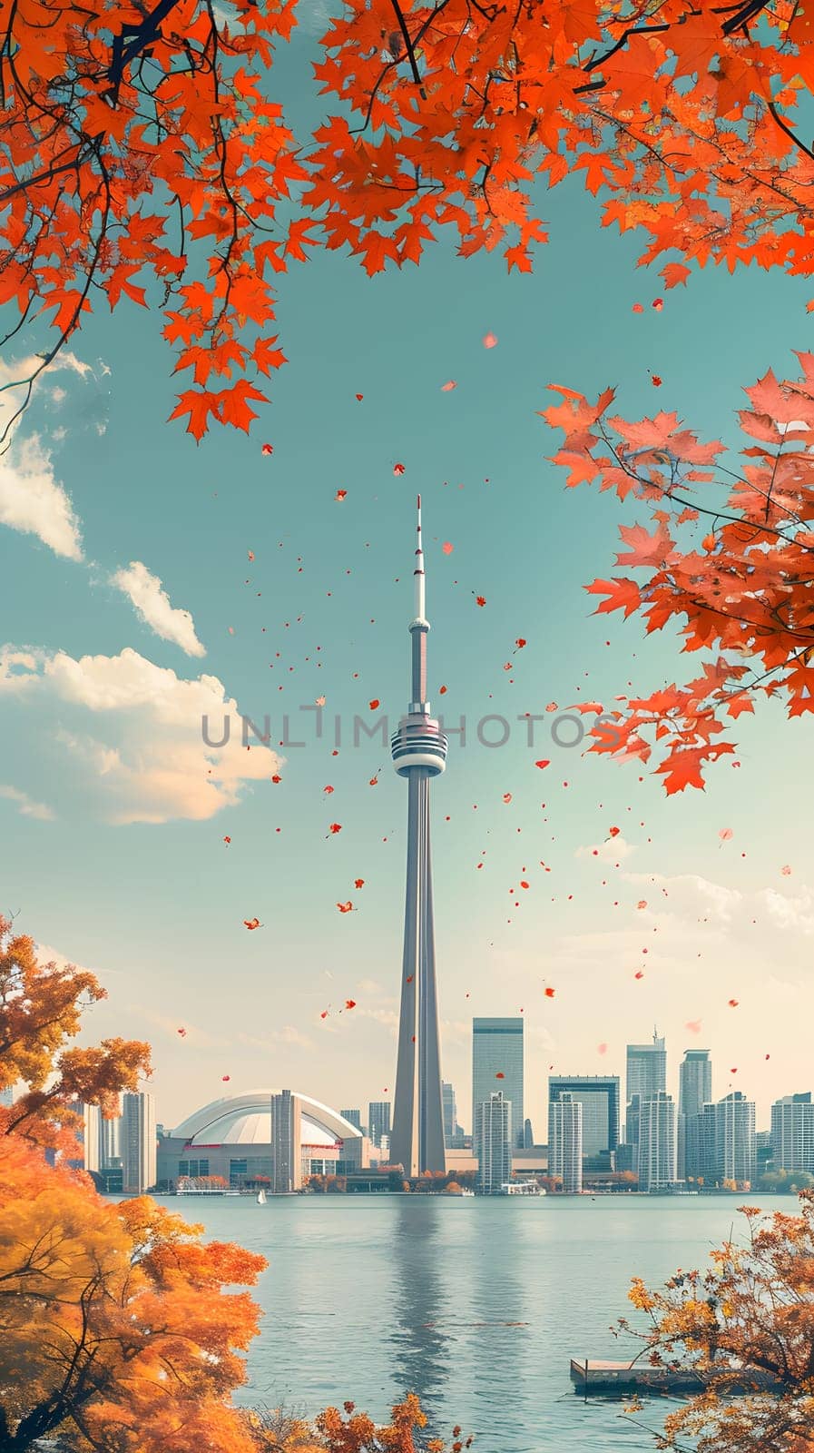 The CN Tower dominates the city skyline, surrounded by skyscrapers reaching towards the sky. A serene view of water, plants, and nature in the bustling urban world