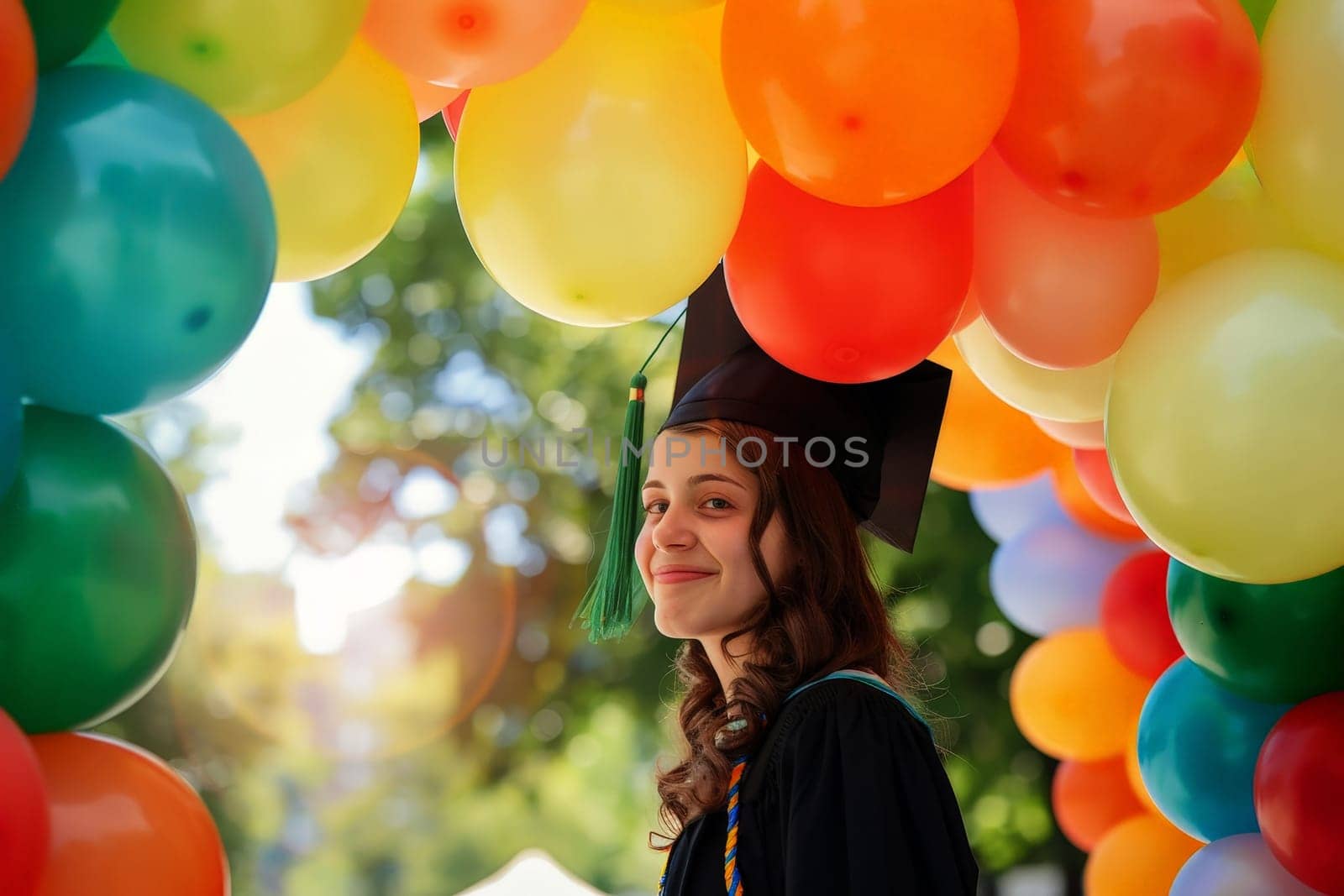 Graduated woman wearing academic graduation gown and hat with balloon background.