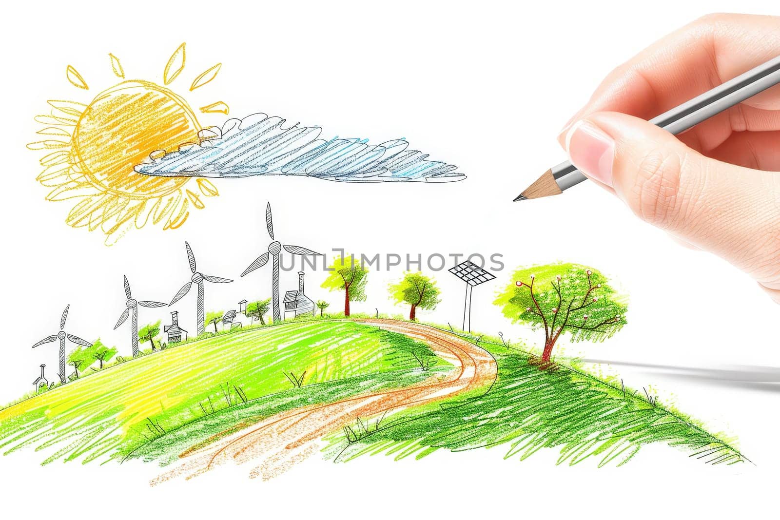a hand sketched energy Sustainable energy process. Green energy production..