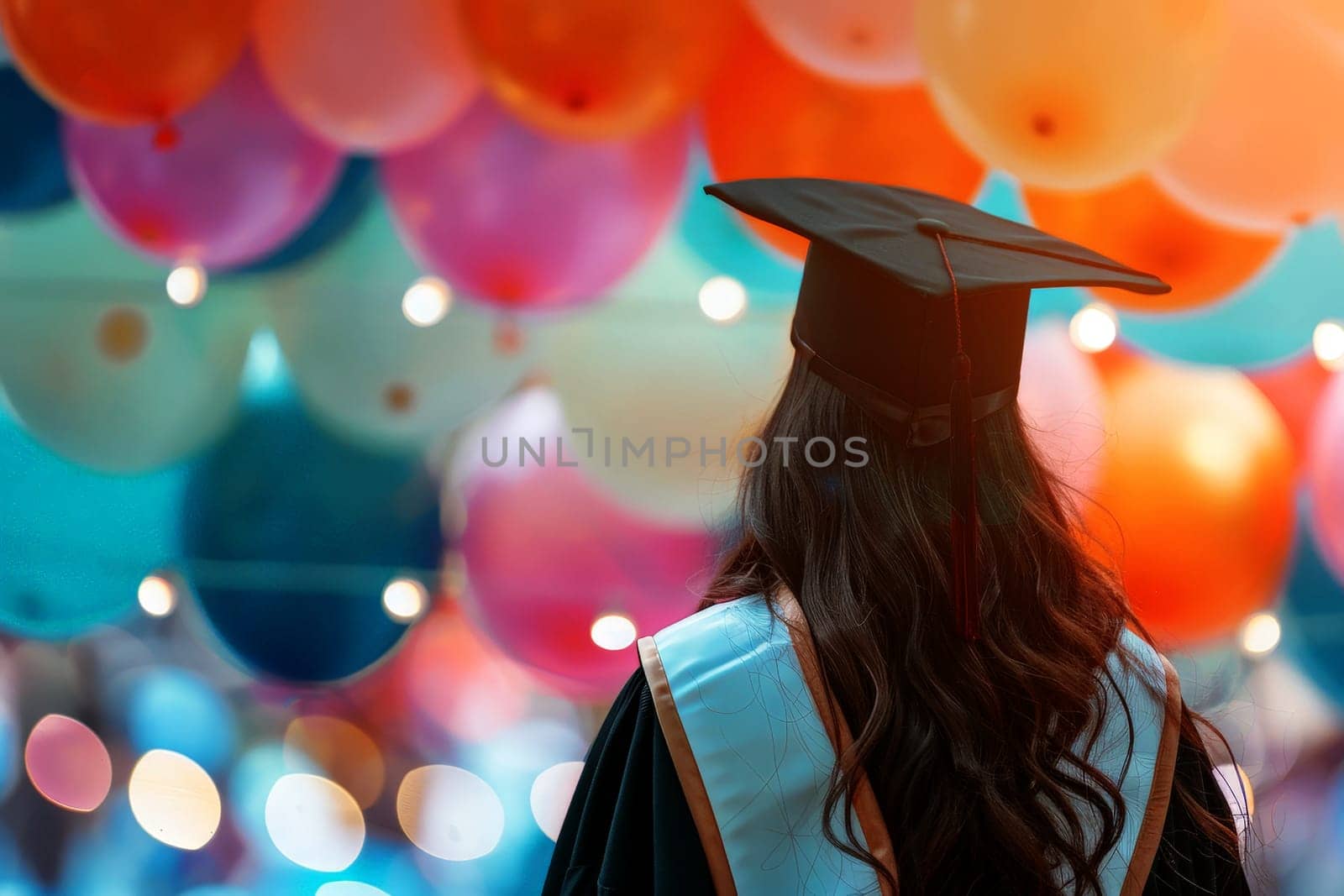 Graduated woman wearing academic graduation gown and hat with balloon background.
