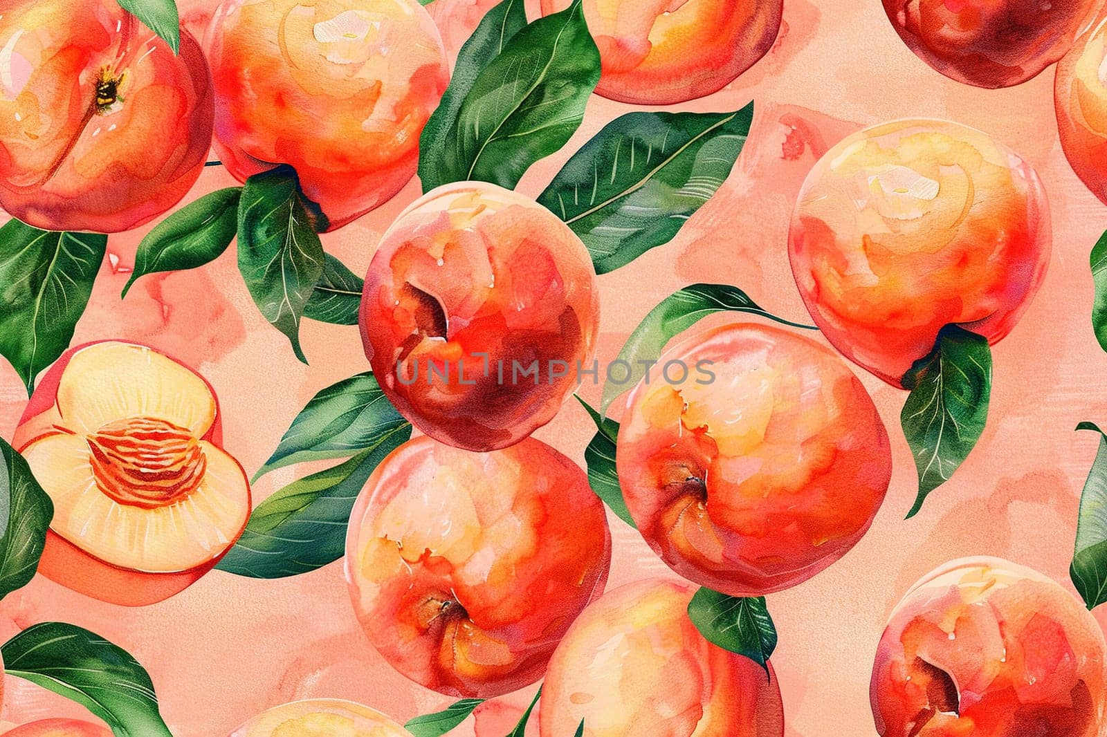 Pattern of peach fruit with green leaf on orange background.