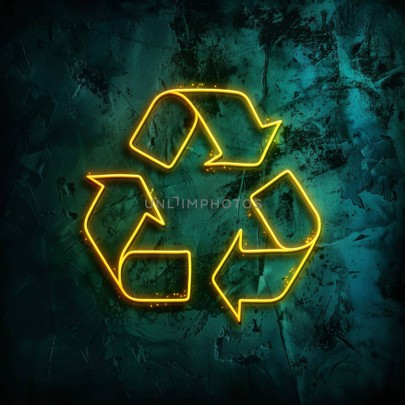 neon sign of recycling symbol on dark background.