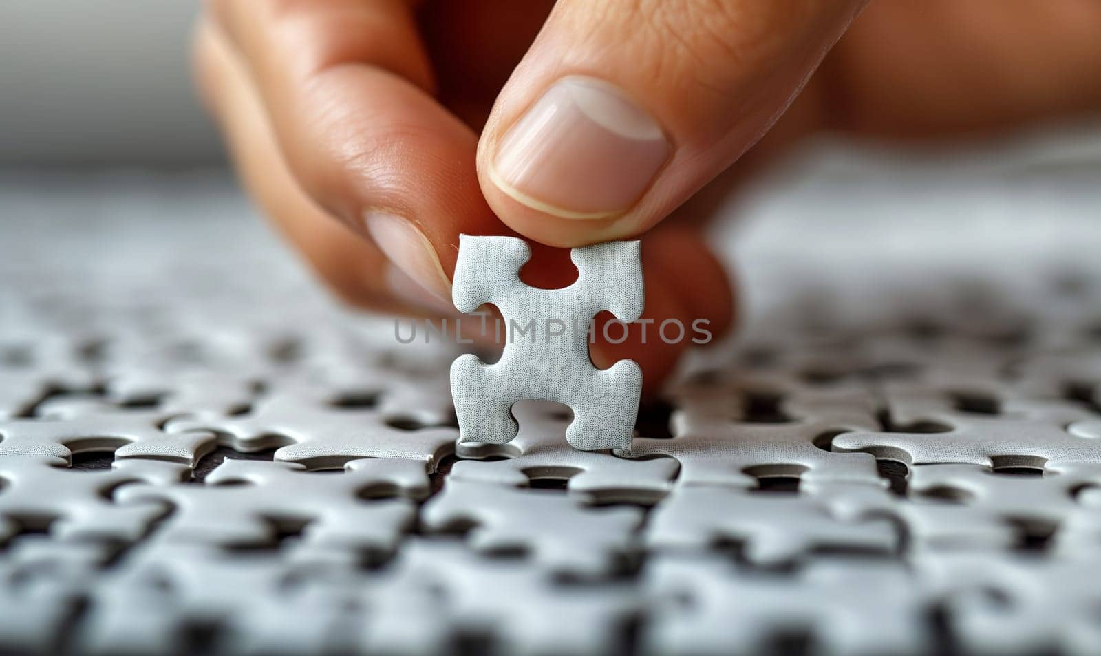 Close-up of a hand placing the last puzzle piece.