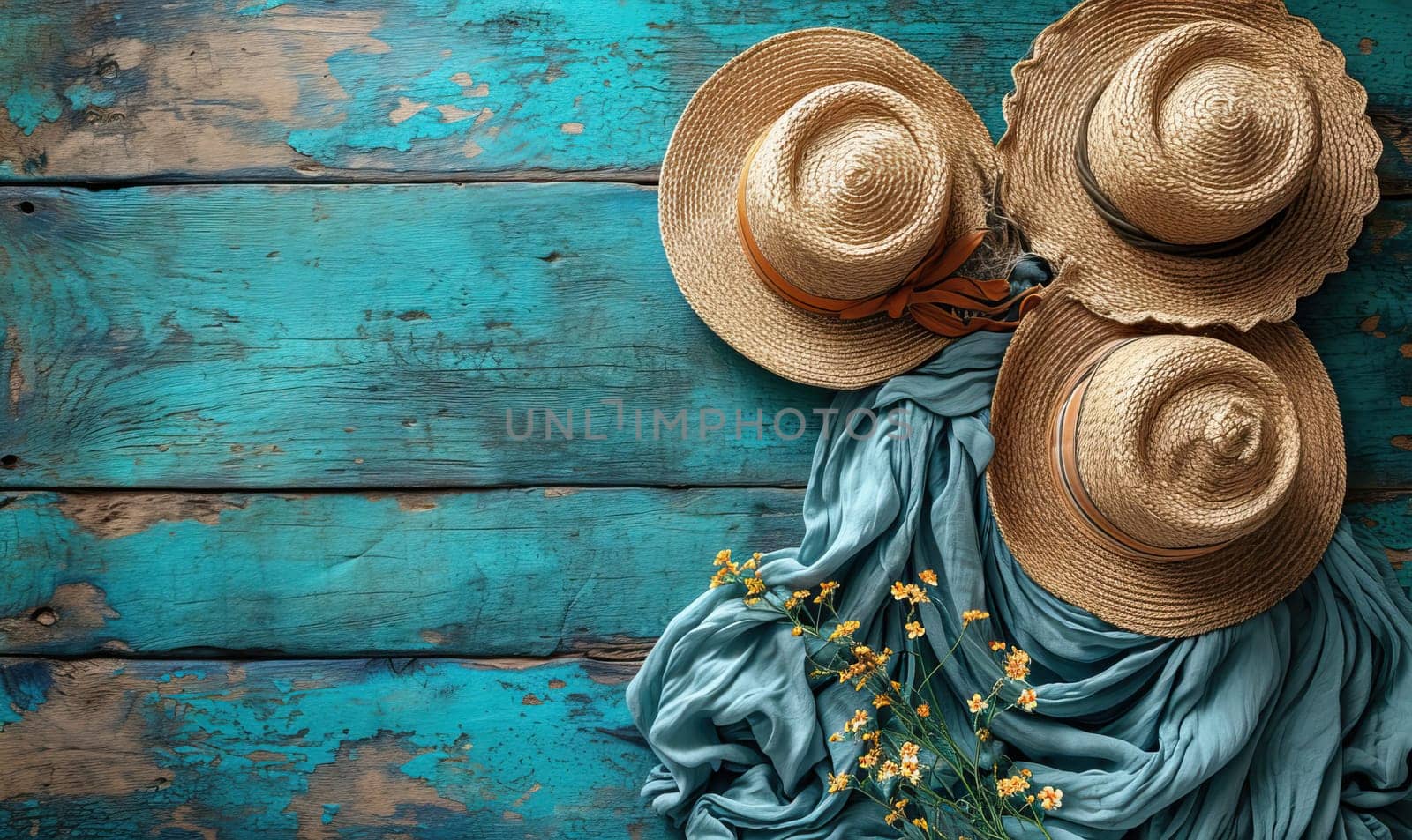 Three straw hats arranged on a blue wooden surface.