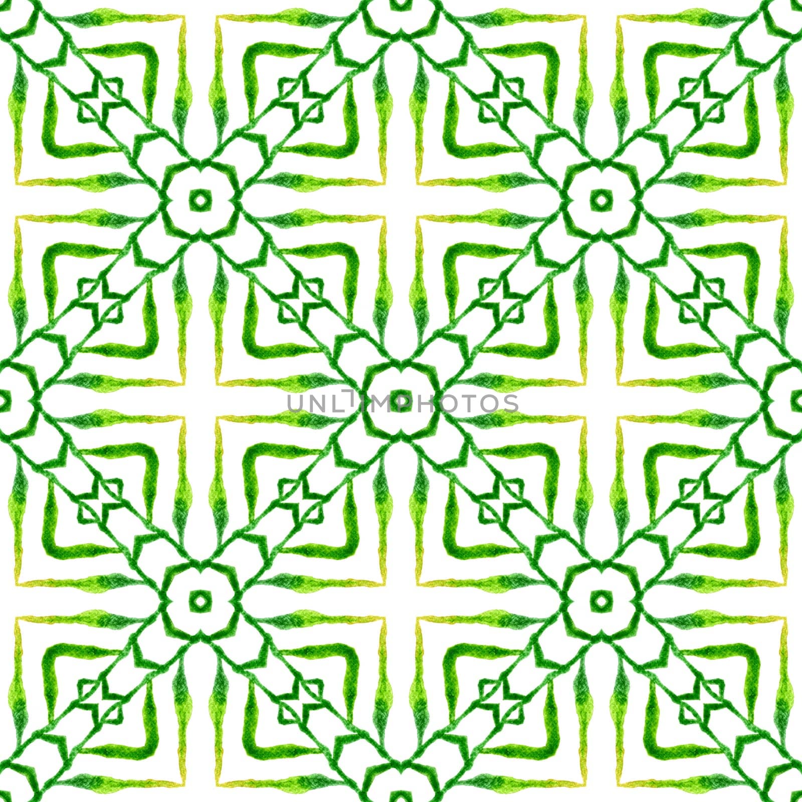 Hand drawn green mosaic seamless border. Green mesmeric boho chic summer design. Mosaic seamless pattern. Textile ready comely print, swimwear fabric, wallpaper, wrapping.