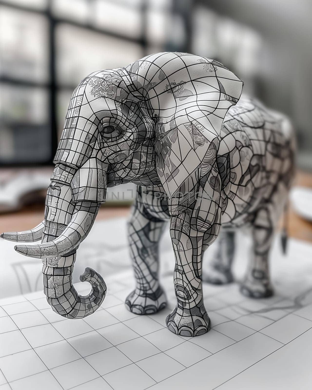 A digital elephant model in a workspace setting.