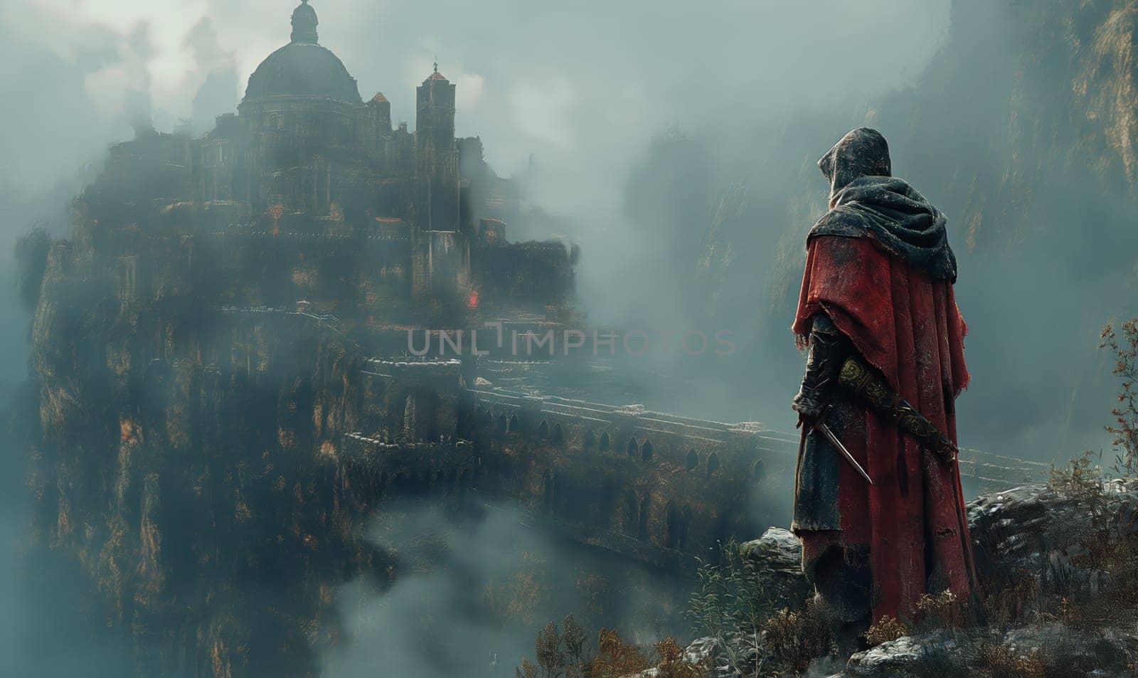 A man stands on top of a cliff overlooking a castle.