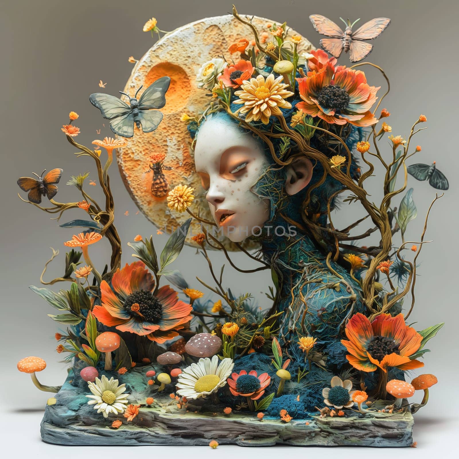 Sculpture depicting a woman adorned with flowers and butterflies.