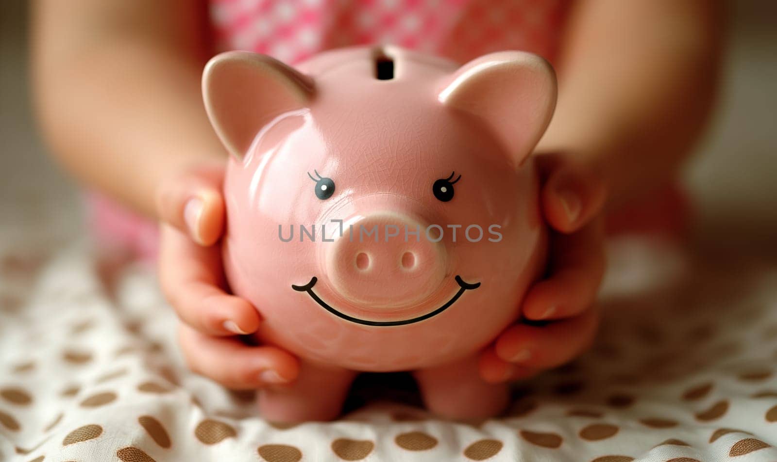 Young child holding a piggy bank in pink color.