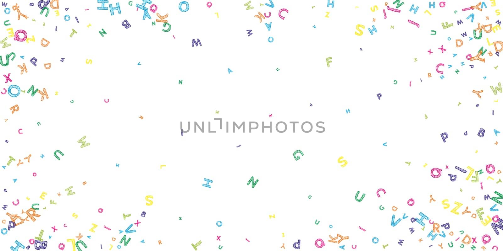 Concept of school background. Colorful childish falling letters of English language. Foreign languages study concept. Back to school banner .