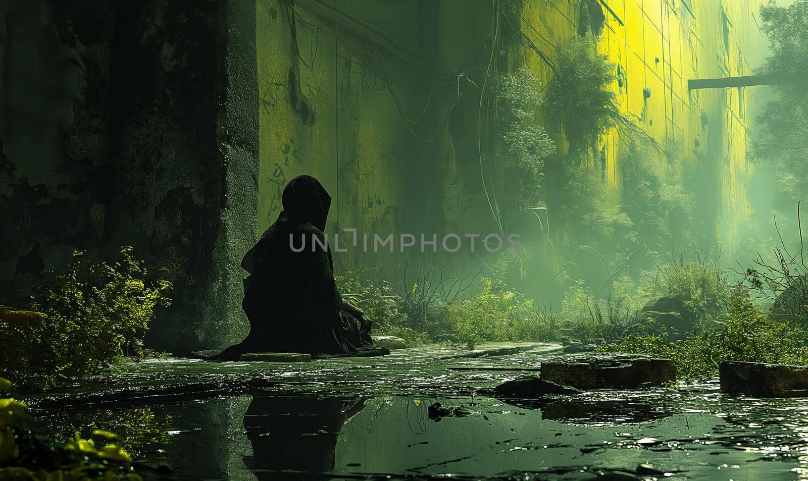 A lone person sits in a desolate, overgrown alley.