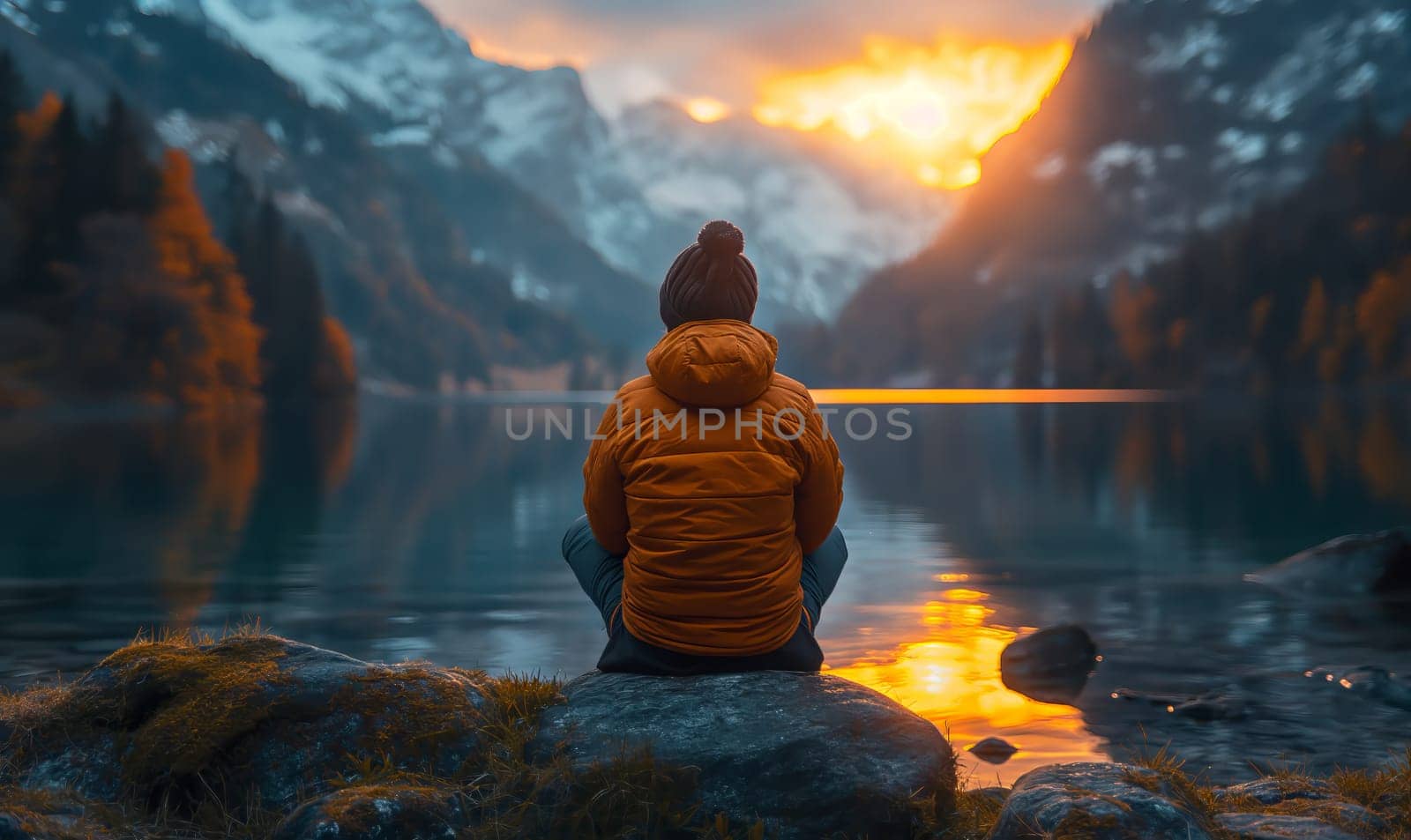 Person Sitting on Rock Looking at Lake by Fischeron