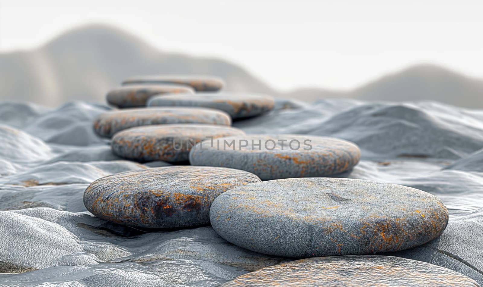 Zen Stones in Balanced Stacking on Riverbank by Fischeron