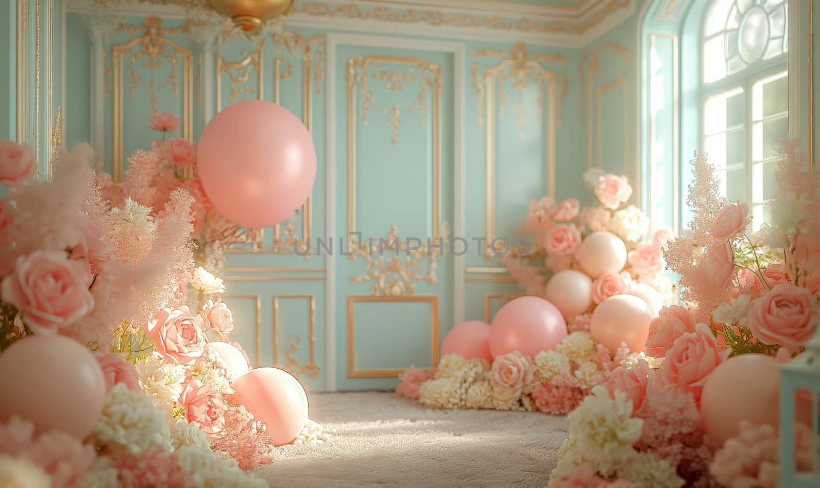 A room packed with colorful balloons and blooming flowers.