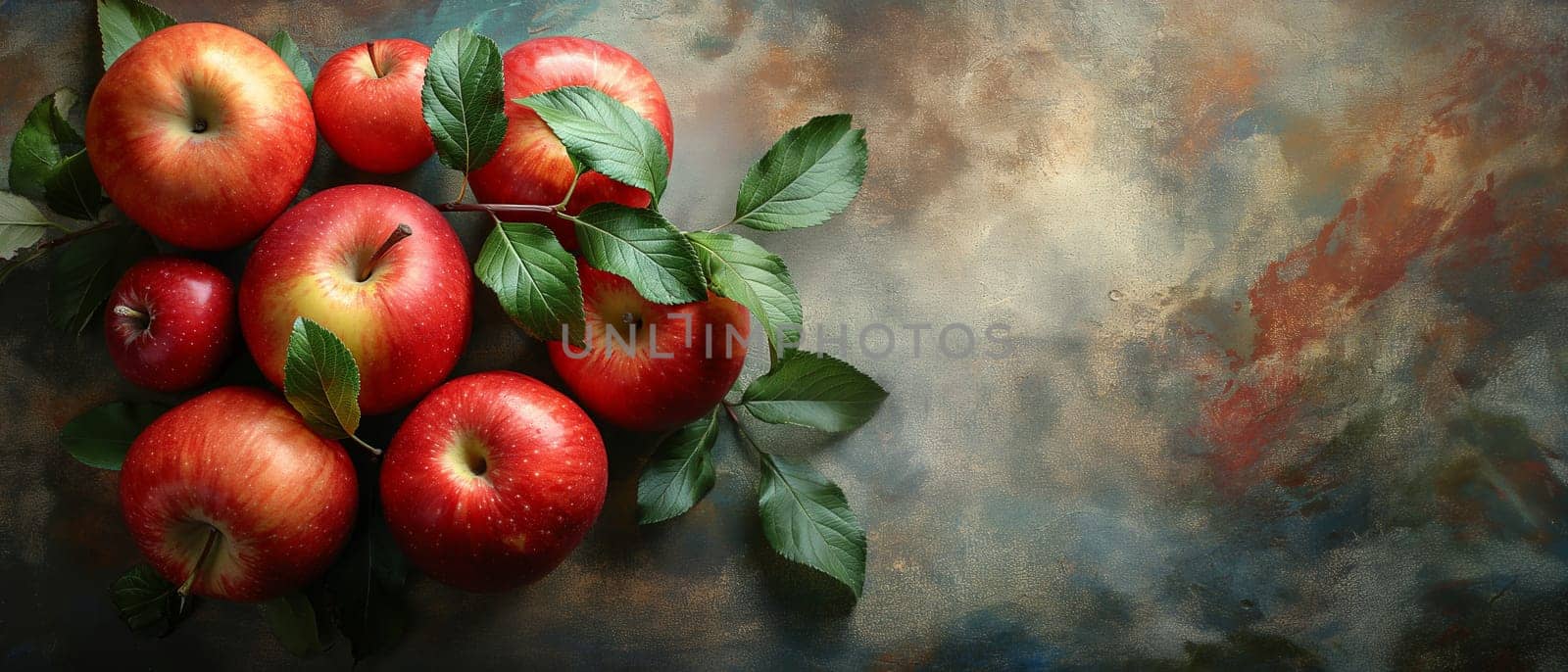 Still life painting featuring red apples with green leaves.