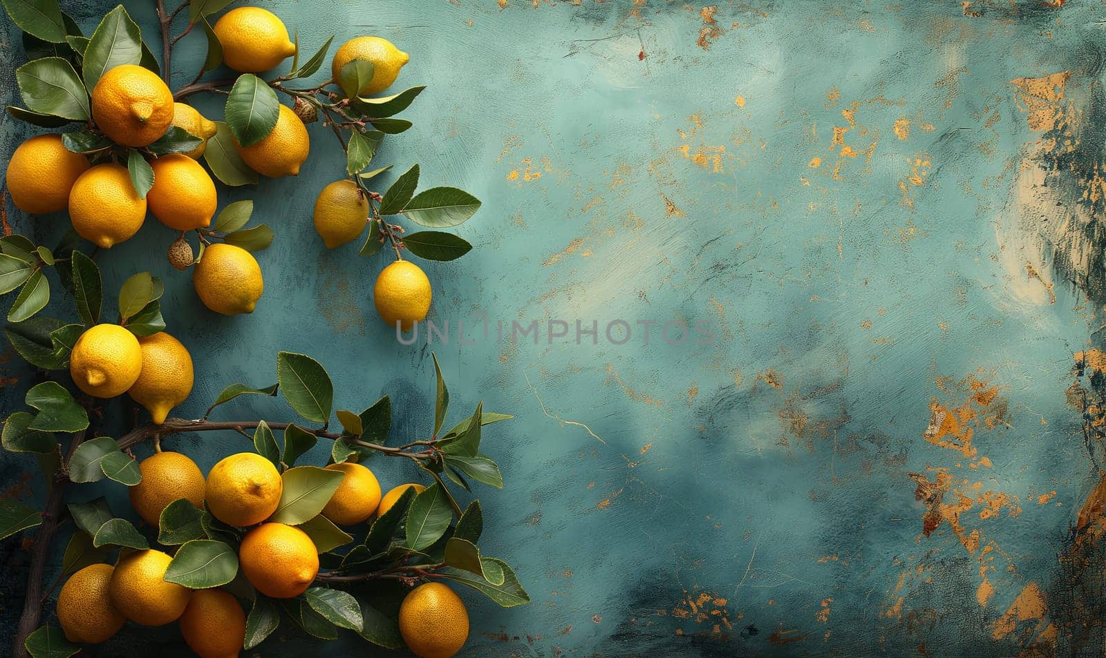 Vibrant lemons with green leaves on textured surface.