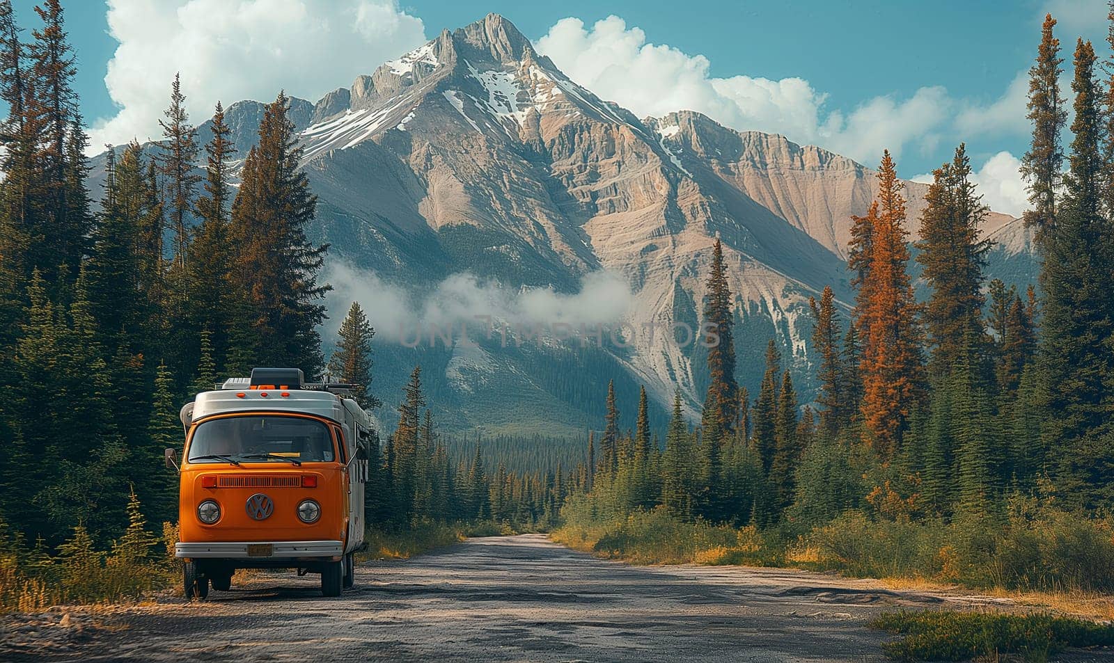 A van parked on a dirt road with a mountain backdrop.