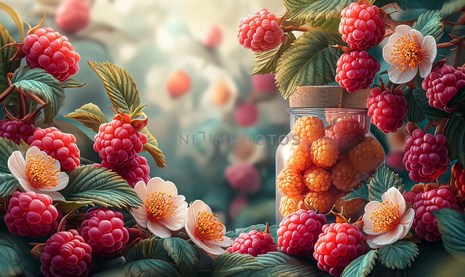 Raspberry berries and white flowers in sunlight. by Fischeron