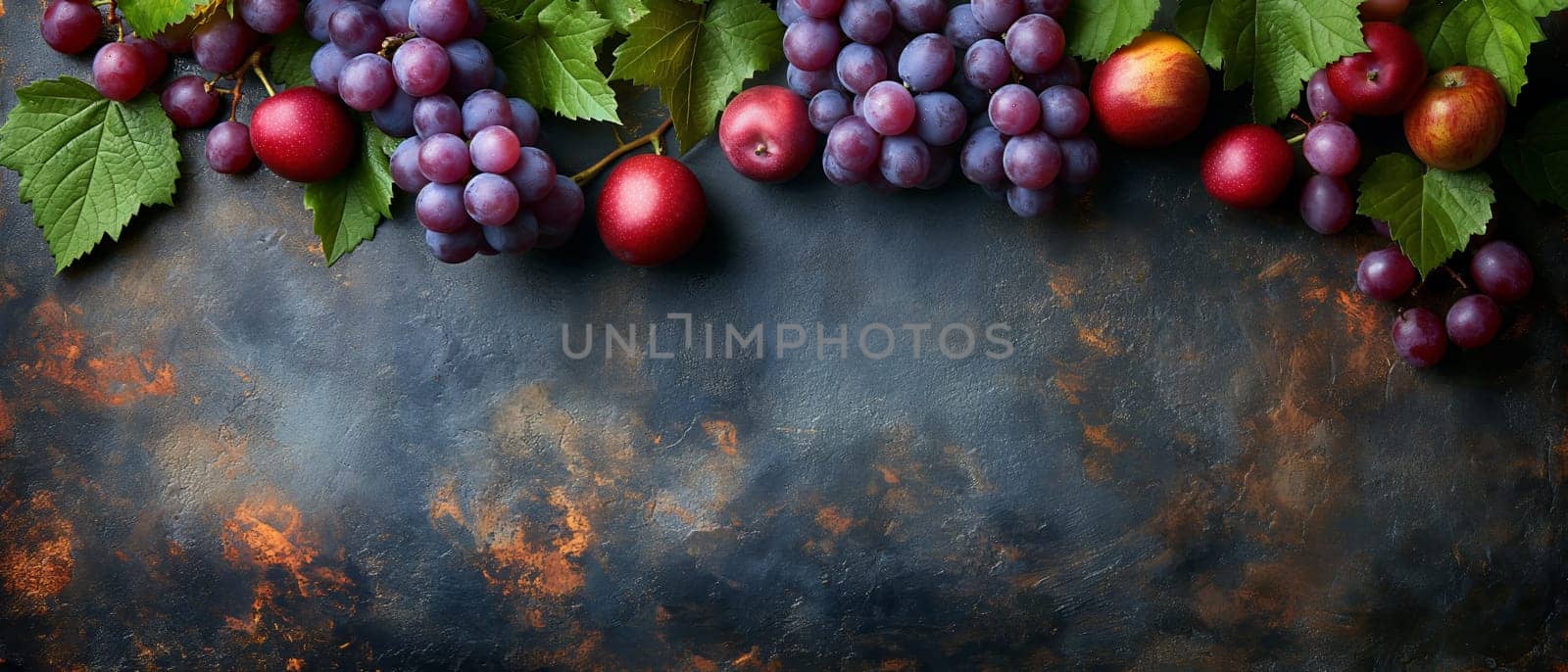 Painting depicting grapes and leaves on a dark background.
