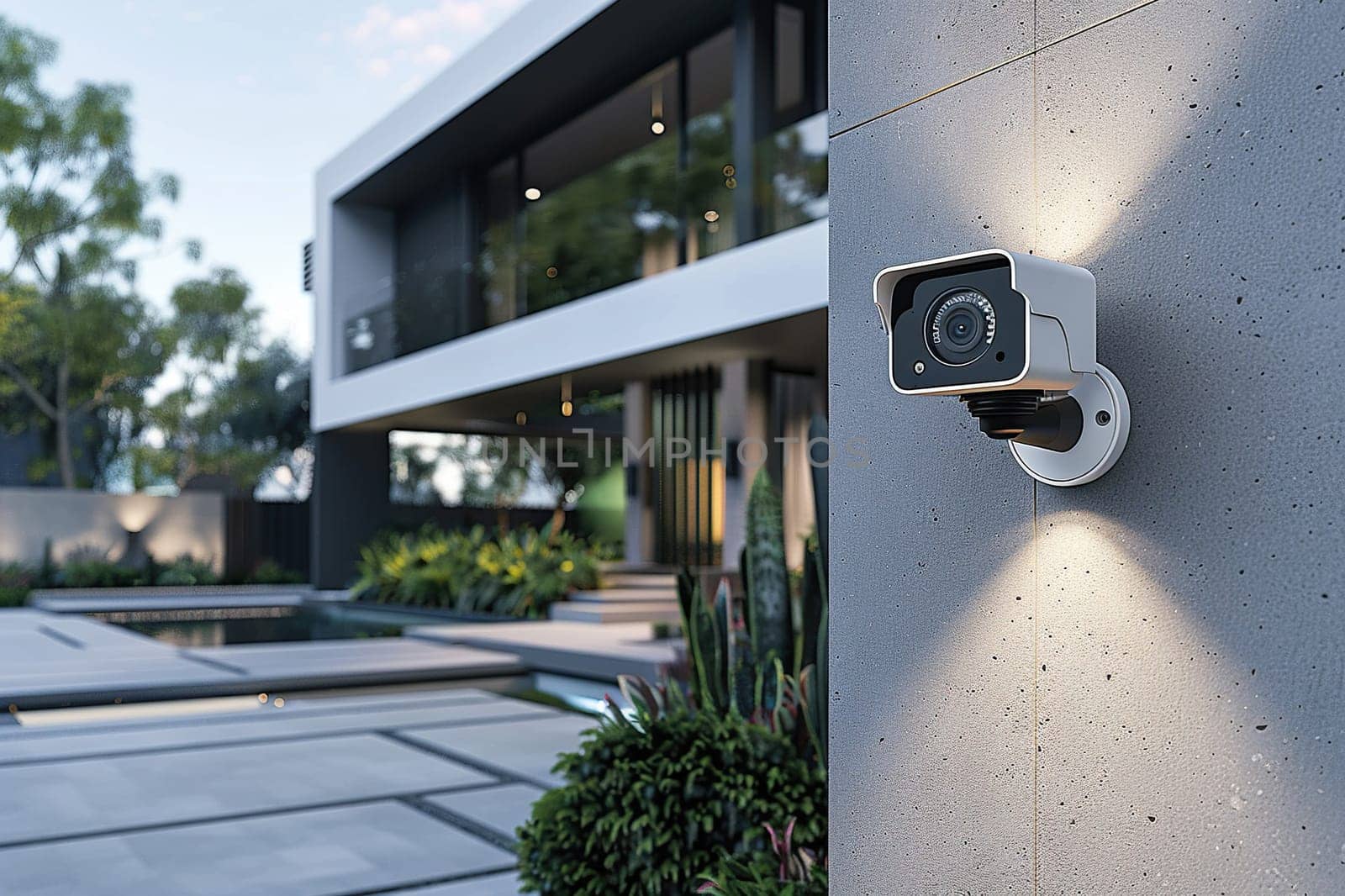 An IP camera is installed on the wall of a luxury house. The concept of protecting private property.