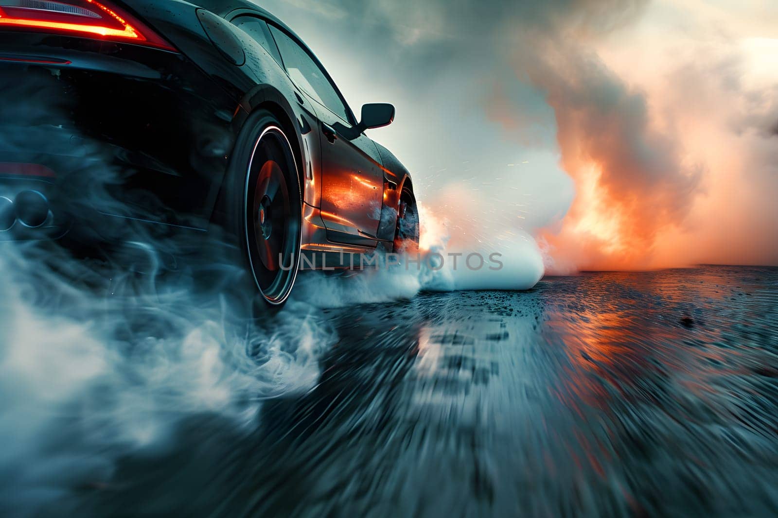 A car with smoke billowing from its tires drives on a wet road by Nadtochiy