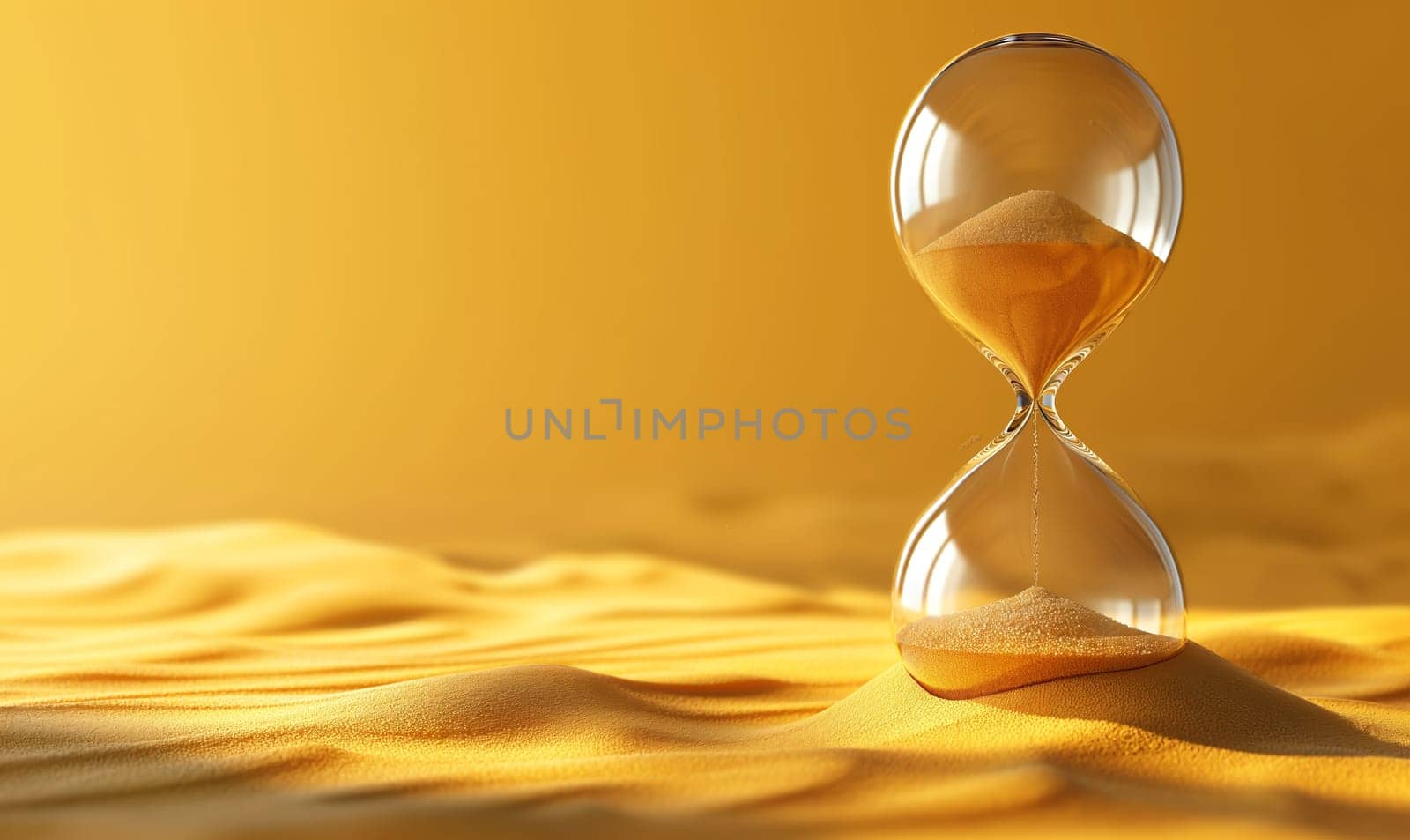 Hourglass showing time on yellow background. Selective focus.