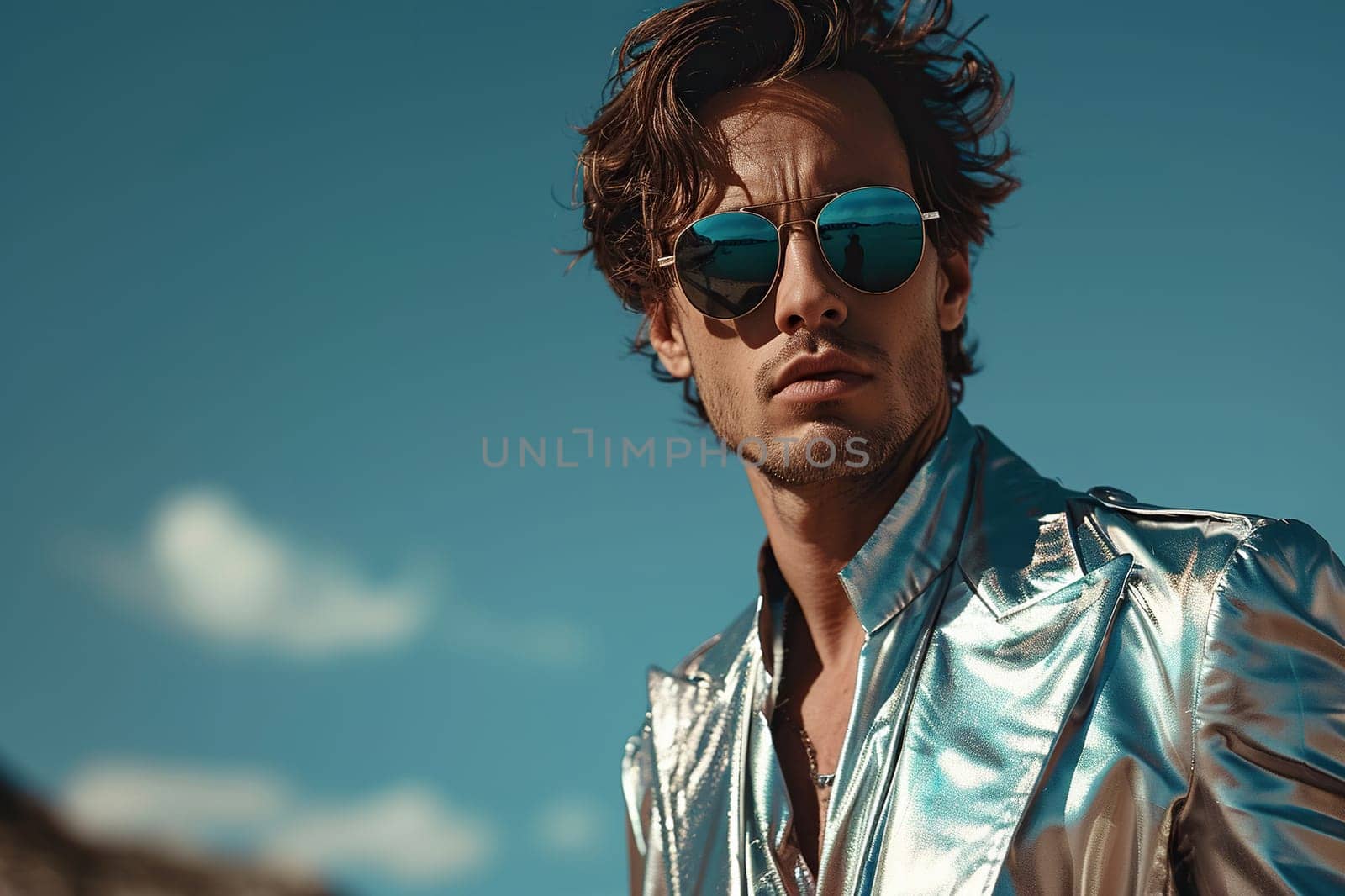 Attractive young man posing in a metallic suit. High fashion concept.
