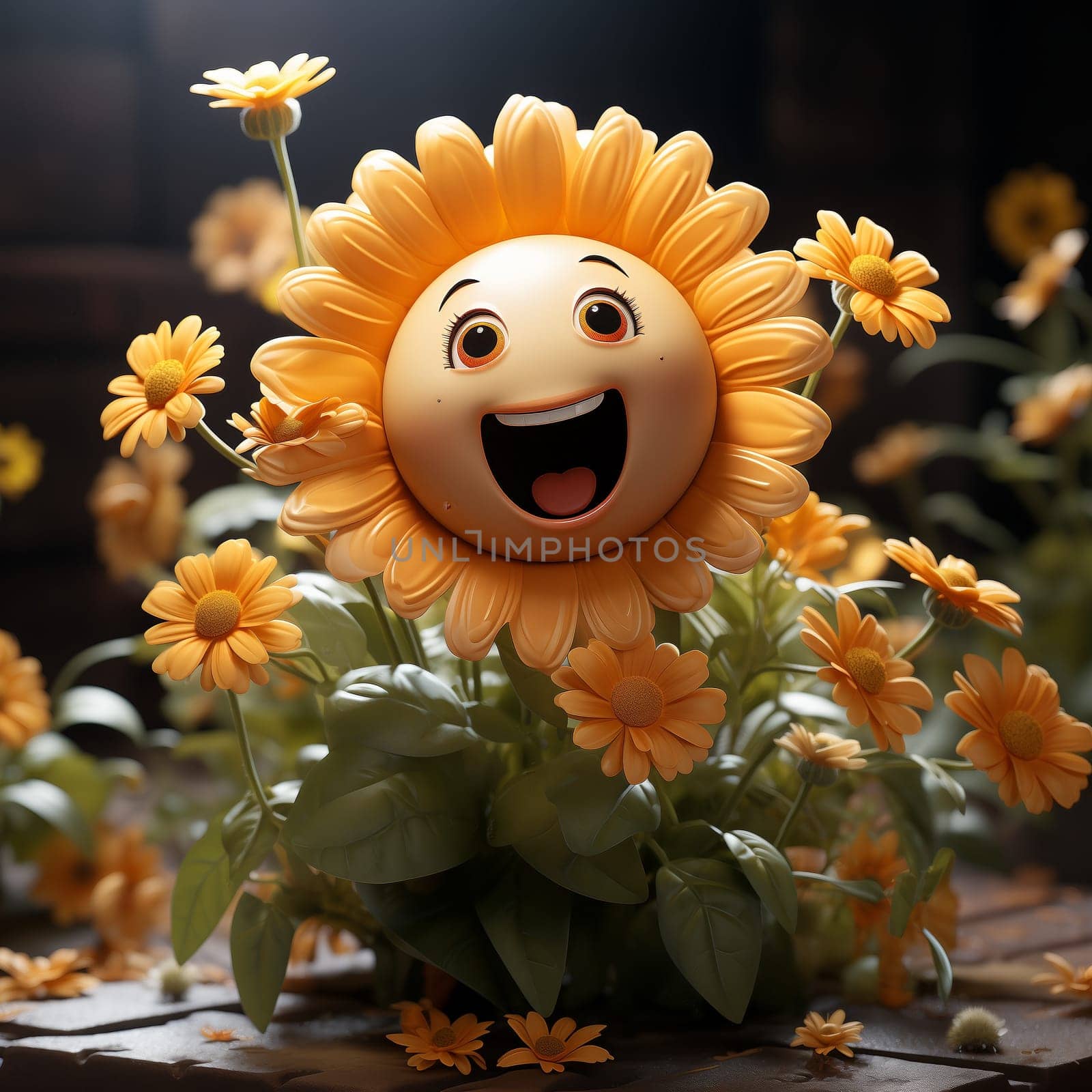 Illustration of a cheerful floral character, flower. Selective focus.