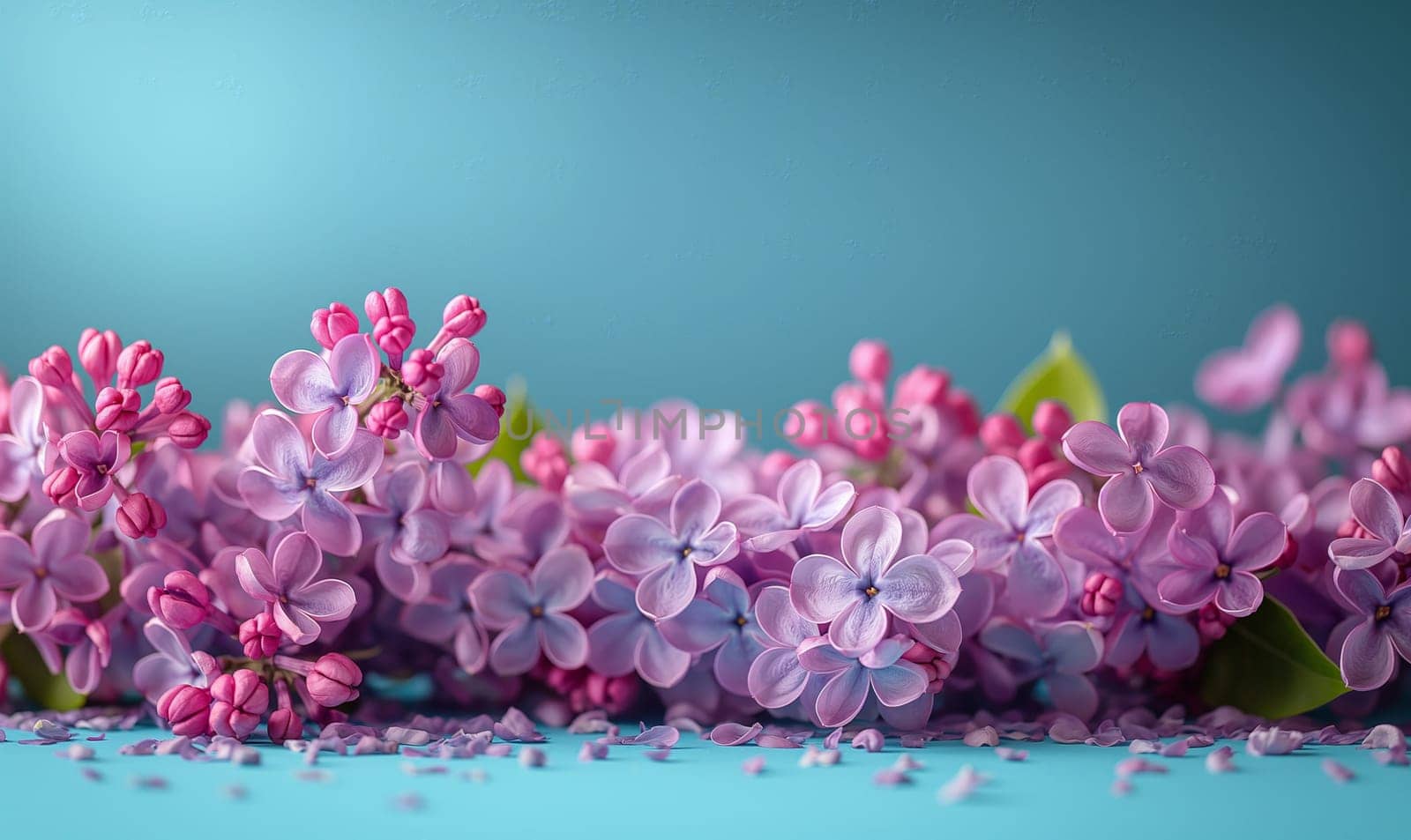 Lilac flowers arranged on a blue surface. Selective focus.