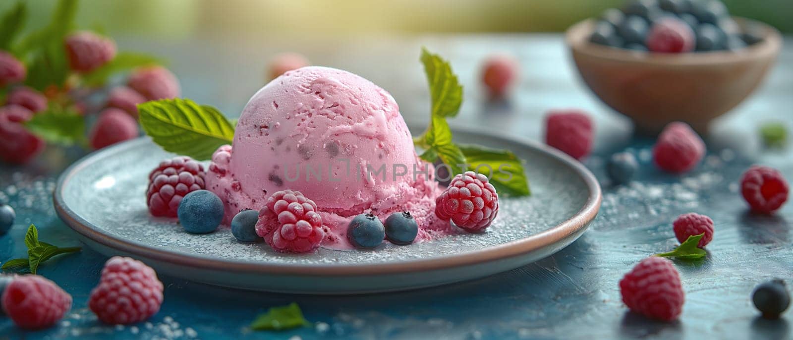 A bowl of ice cream with fresh fruits on the table. by Fischeron