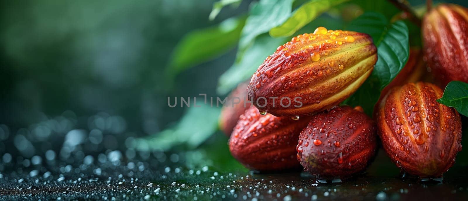 Abstract background with cocoa beans with leaves. Selective focus.
