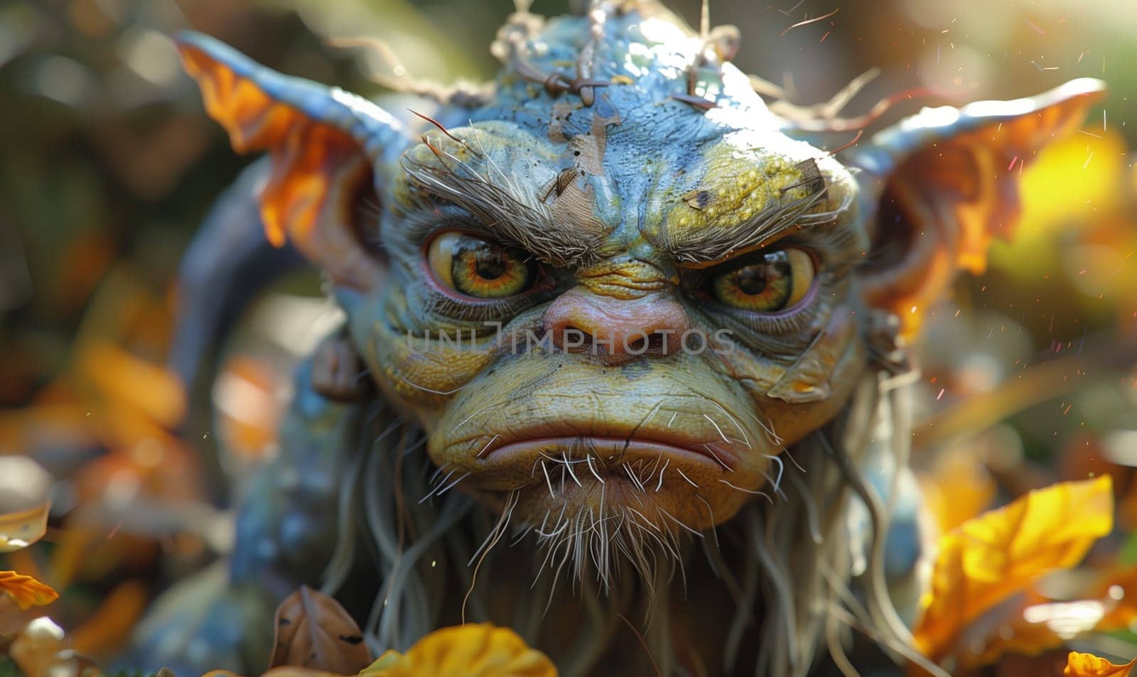 3D, cartoon evil goblin in the forest, close-up. by Fischeron