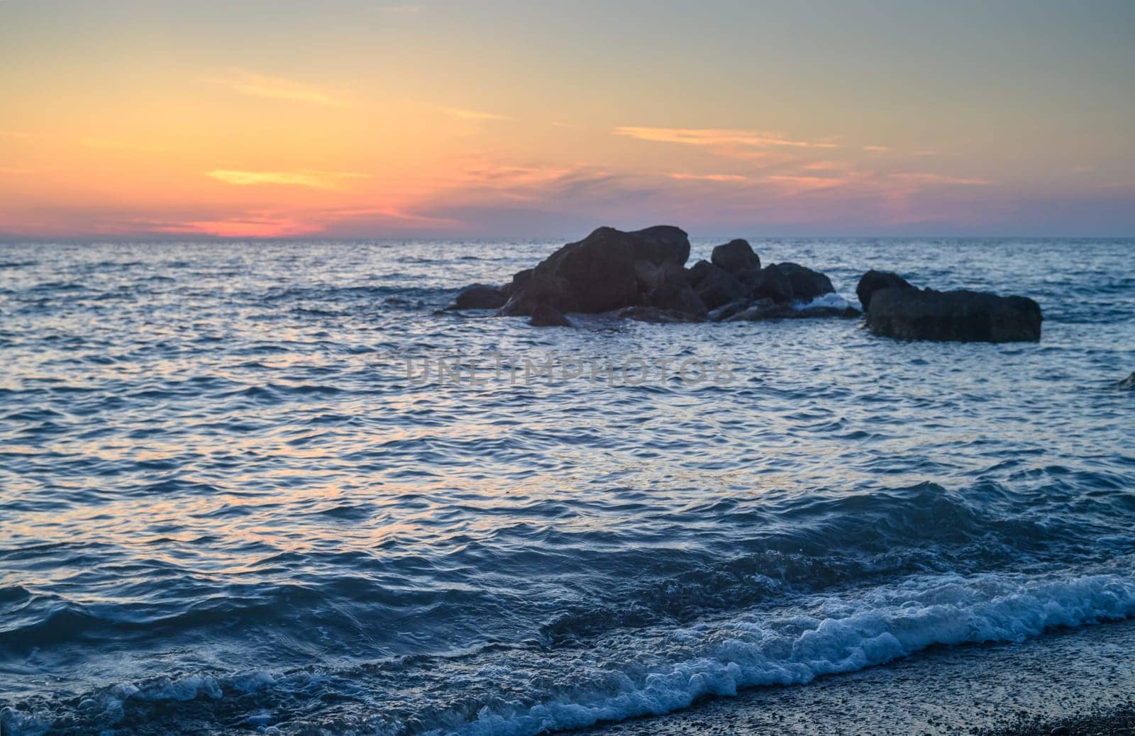 Rock stone stage in nature with sea beach seashore landscape and sunset summer sky 1 by Mixa74