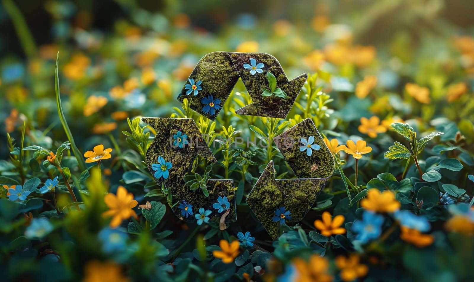 A blue recycle symbol surrounded by flowers. Selective focus.