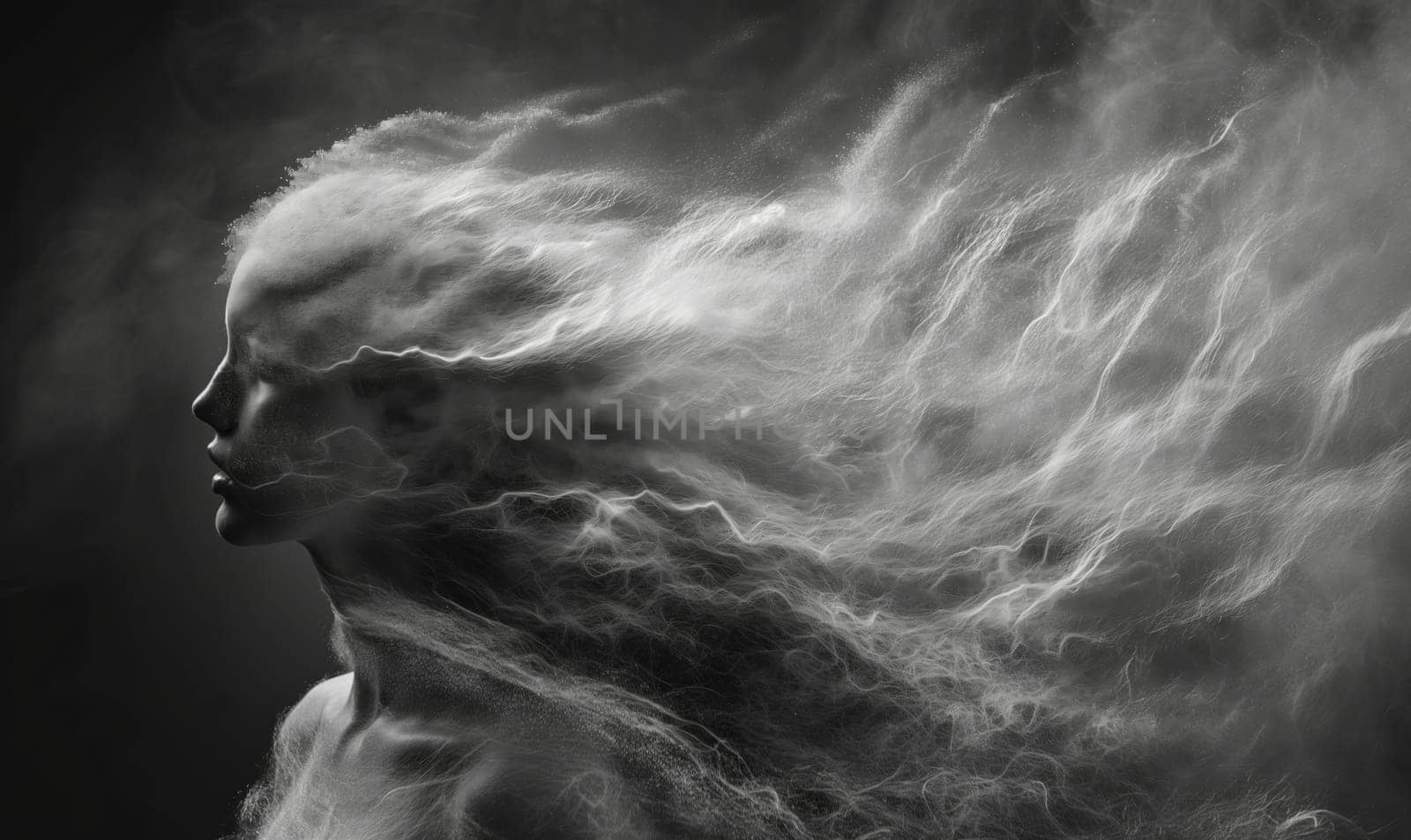 Abstract image of a woman with flowing hair, in monochrome image. Selective focus.