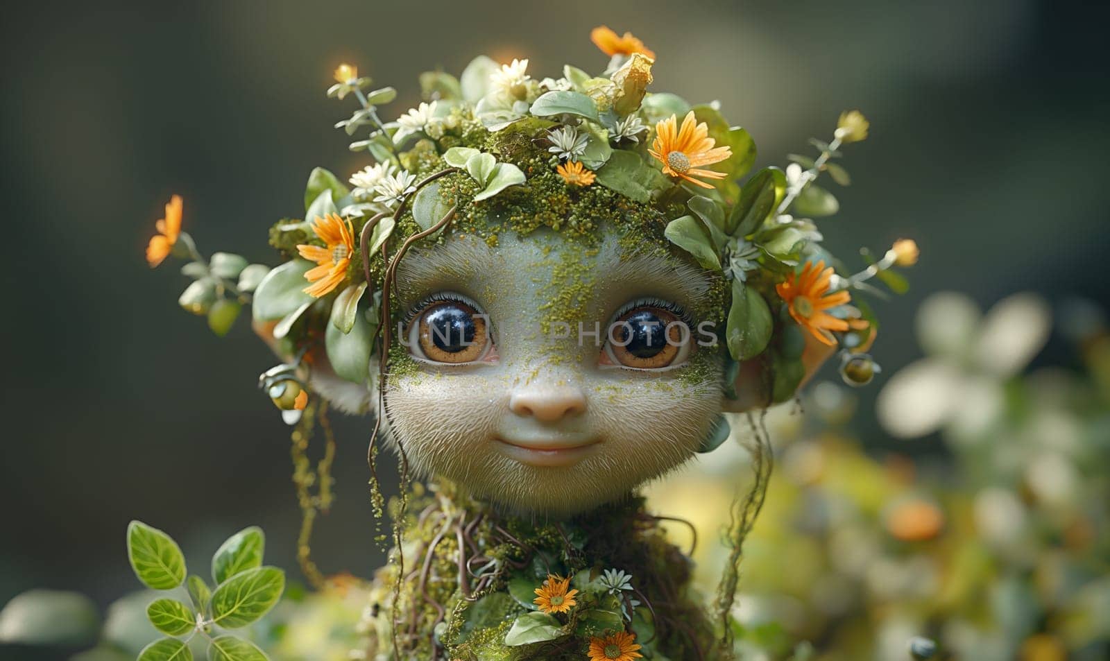 Illustration, cartoon, for children forest spirit in the forest. Selective focus.