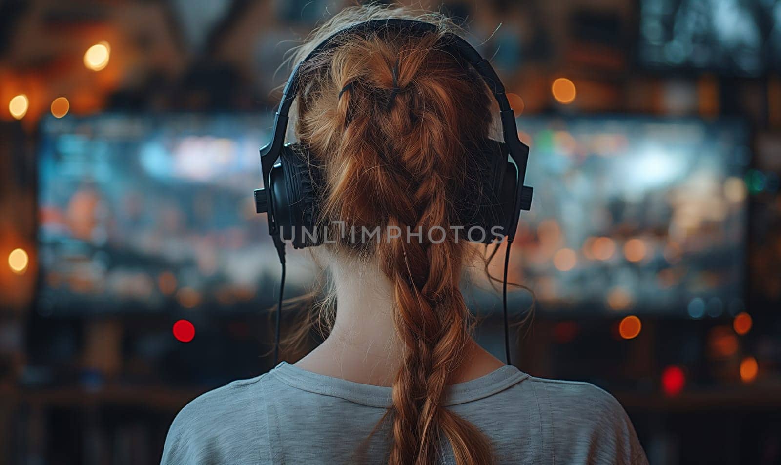 Woman in headphones sitting in front of monitors, rear view. Selective focus.