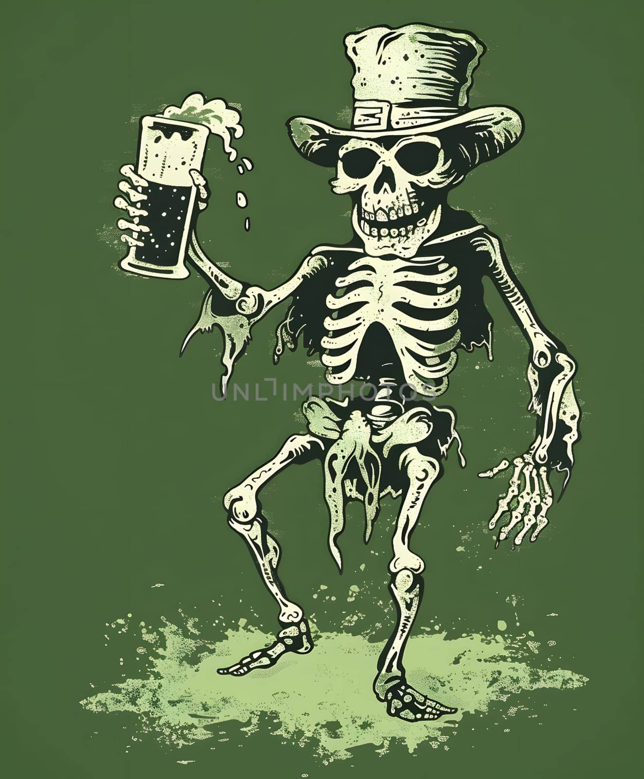 A skeleton, adorned with a top hat, holds a glass of beer. The skeletal figures rib cage and skull are visible, showcasing human anatomy in an artistic gesture