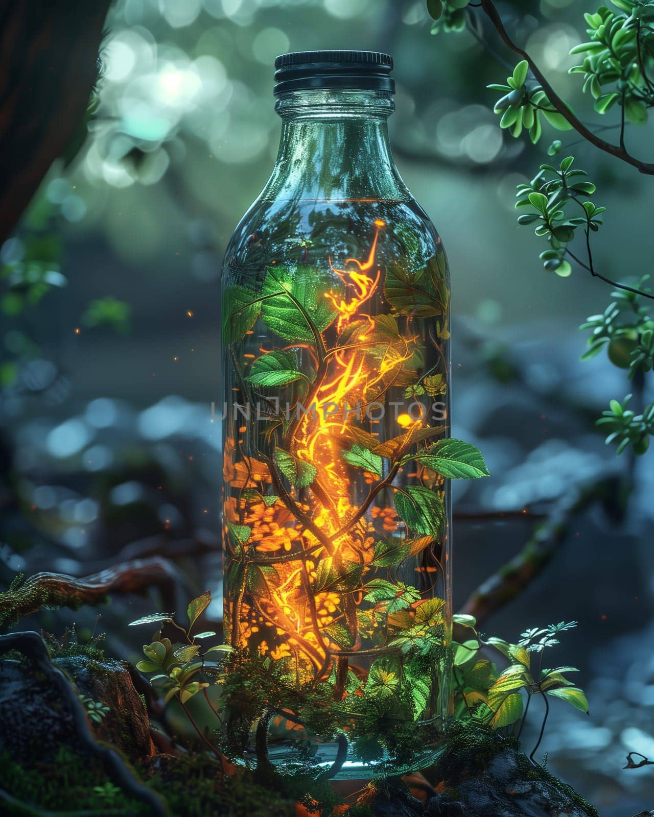 Tree branch growing in a glass jar, nature trapped. by Fischeron