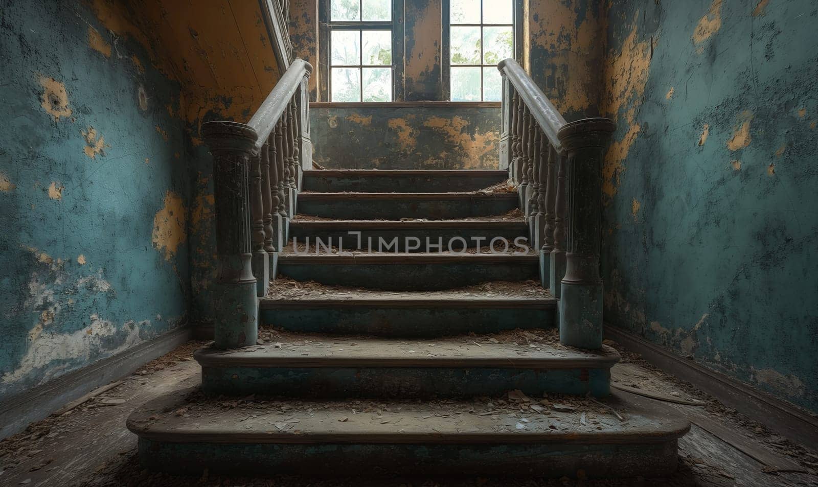 A ruined staircase in an abandoned building. Selective focus.