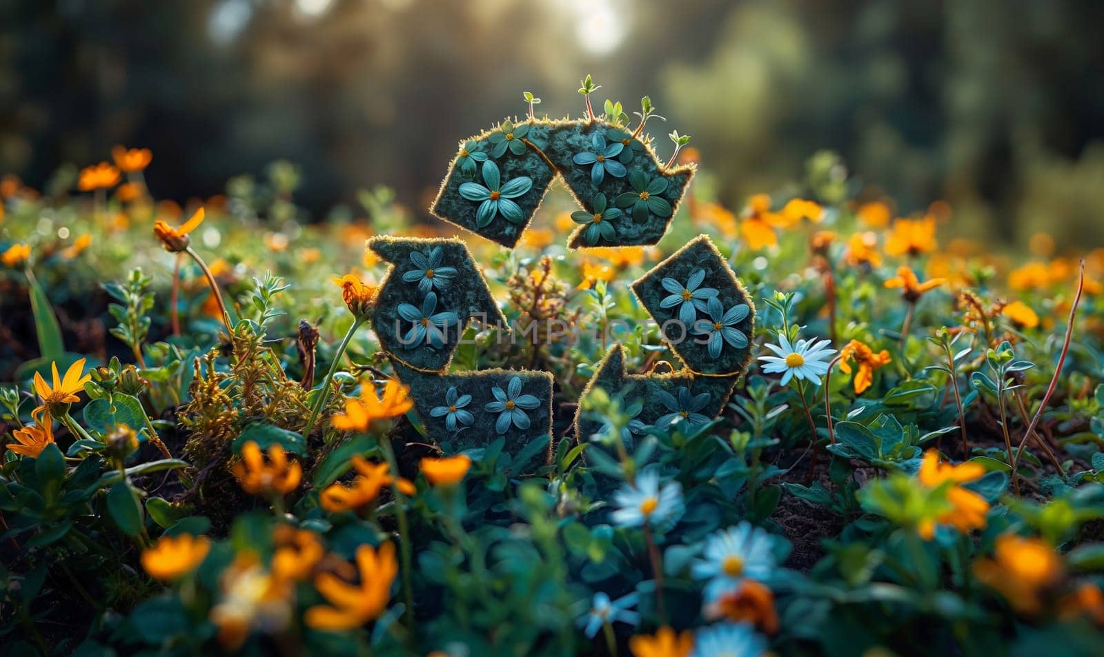 A blue recycle symbol surrounded by flowers. Selective focus.