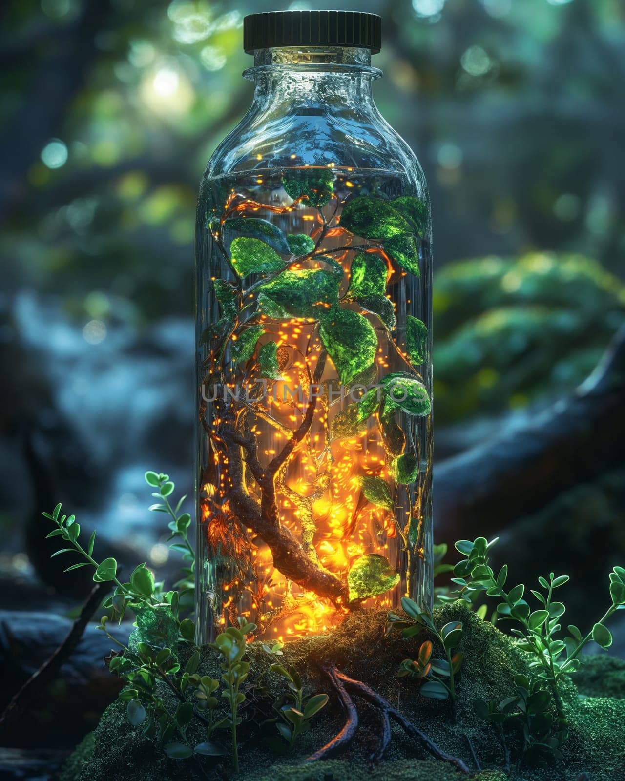 Tree branch growing in a glass jar, nature trapped. Selective focus