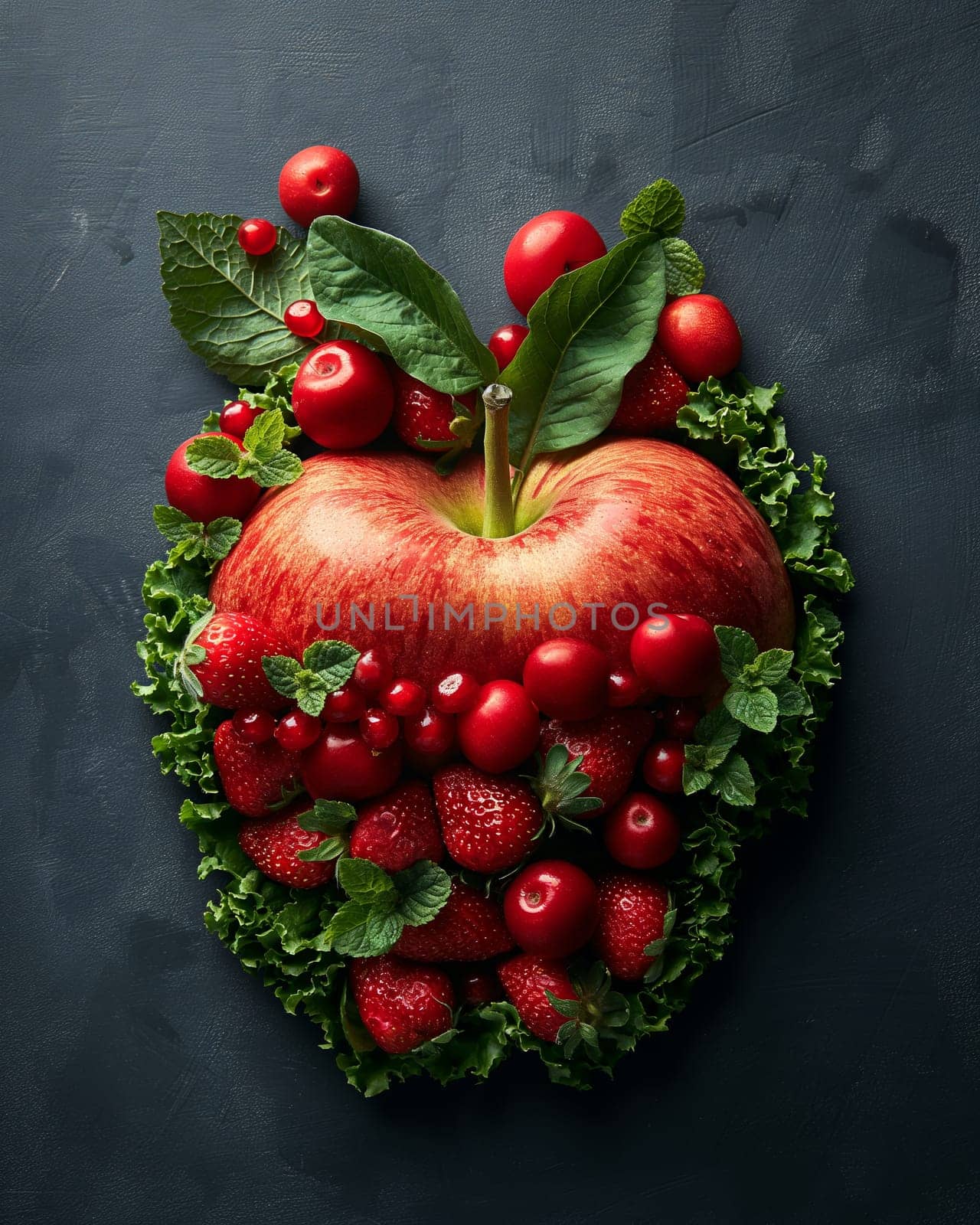 Heart-shaped composition of apples, leaves and berries. Selective focus.