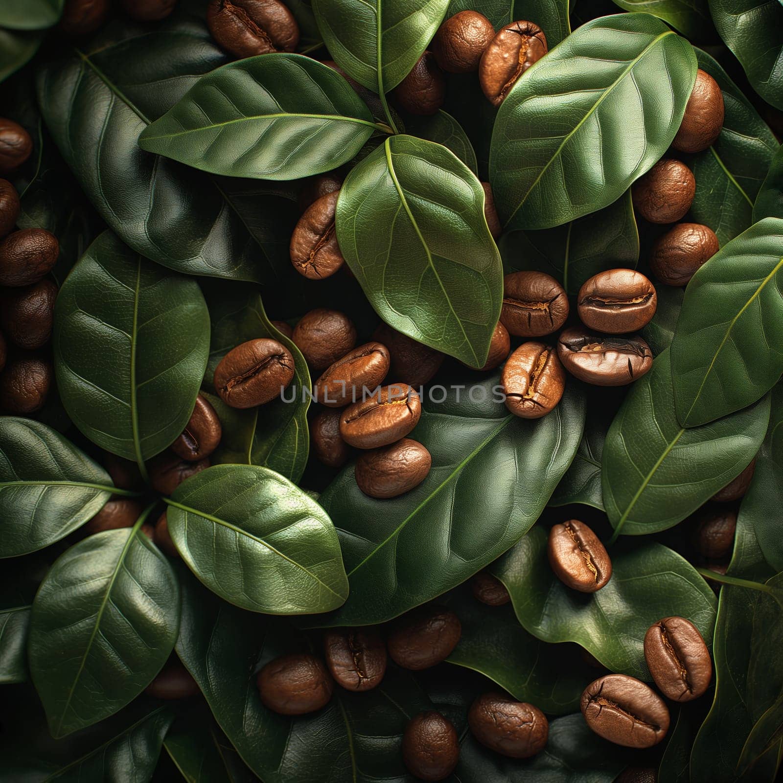 Coffee beans on green leaves. Selective focus.