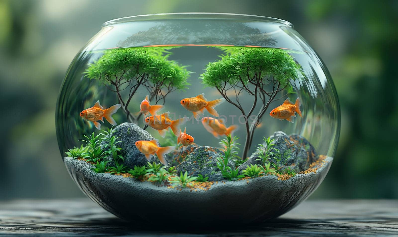 Aquarium with fish and trees inside. Selective focus.